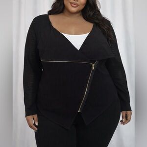 Black Asymmetrical Zip Front Jacket Top Mesh Sleeves Moto Style (1191)